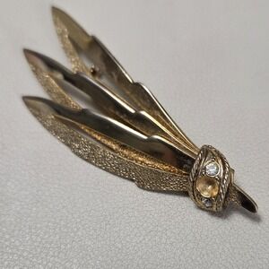 Vintage EMMONS Signed Feather Leaves Gold Tone Rhinestone Brooch AS IS
